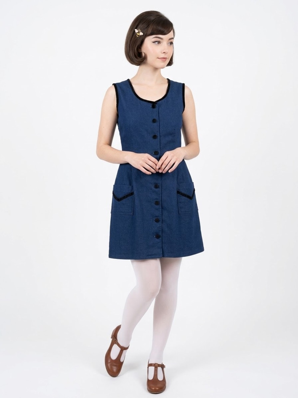 Vintage Denim Button Down Mini Dress Black Velvet Trim Minimalist Dark Academia